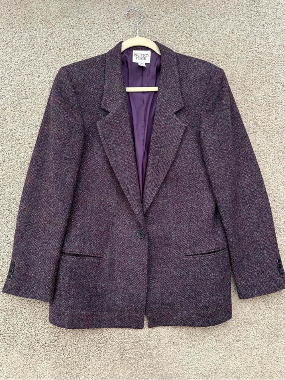 Vintage 100% Wool Deep Purple Plaid Blazer Jacket - Made in USA Bretton Place